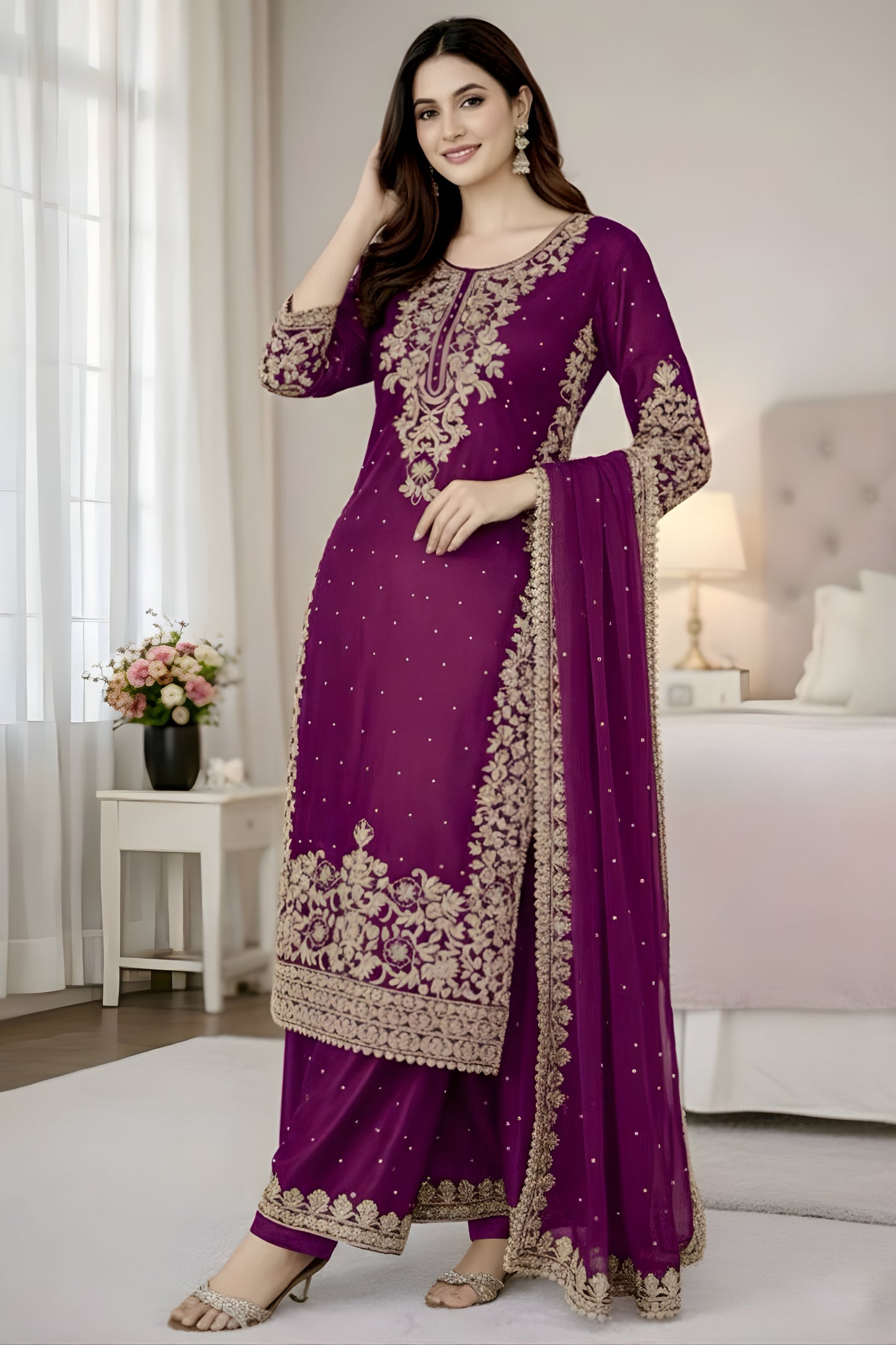 Premium Purple Embroidered GMY Silk Salwar Suit with Dupatta for Wedding