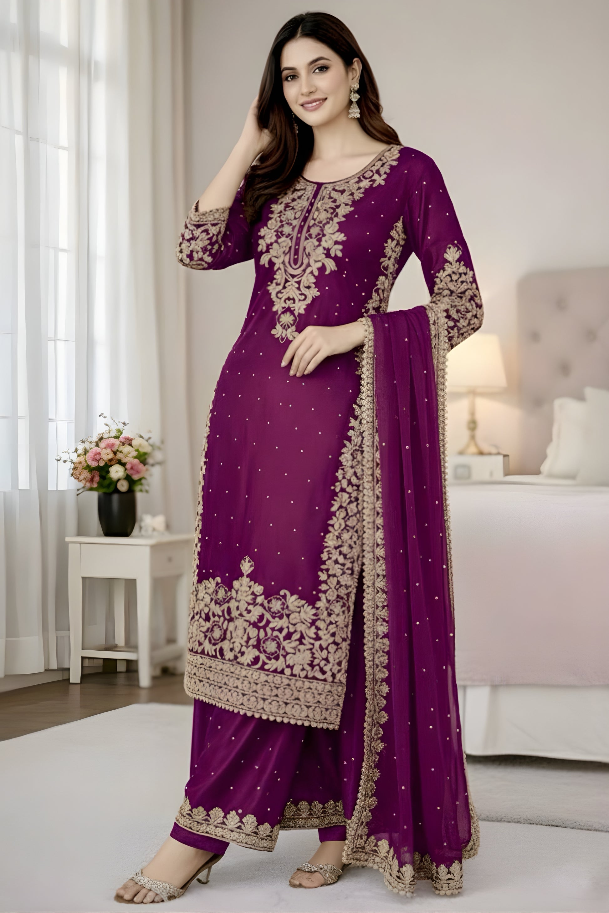 Premium Purple Embroidered GMY Silk Salwar Suit with Dupatta for Wedding