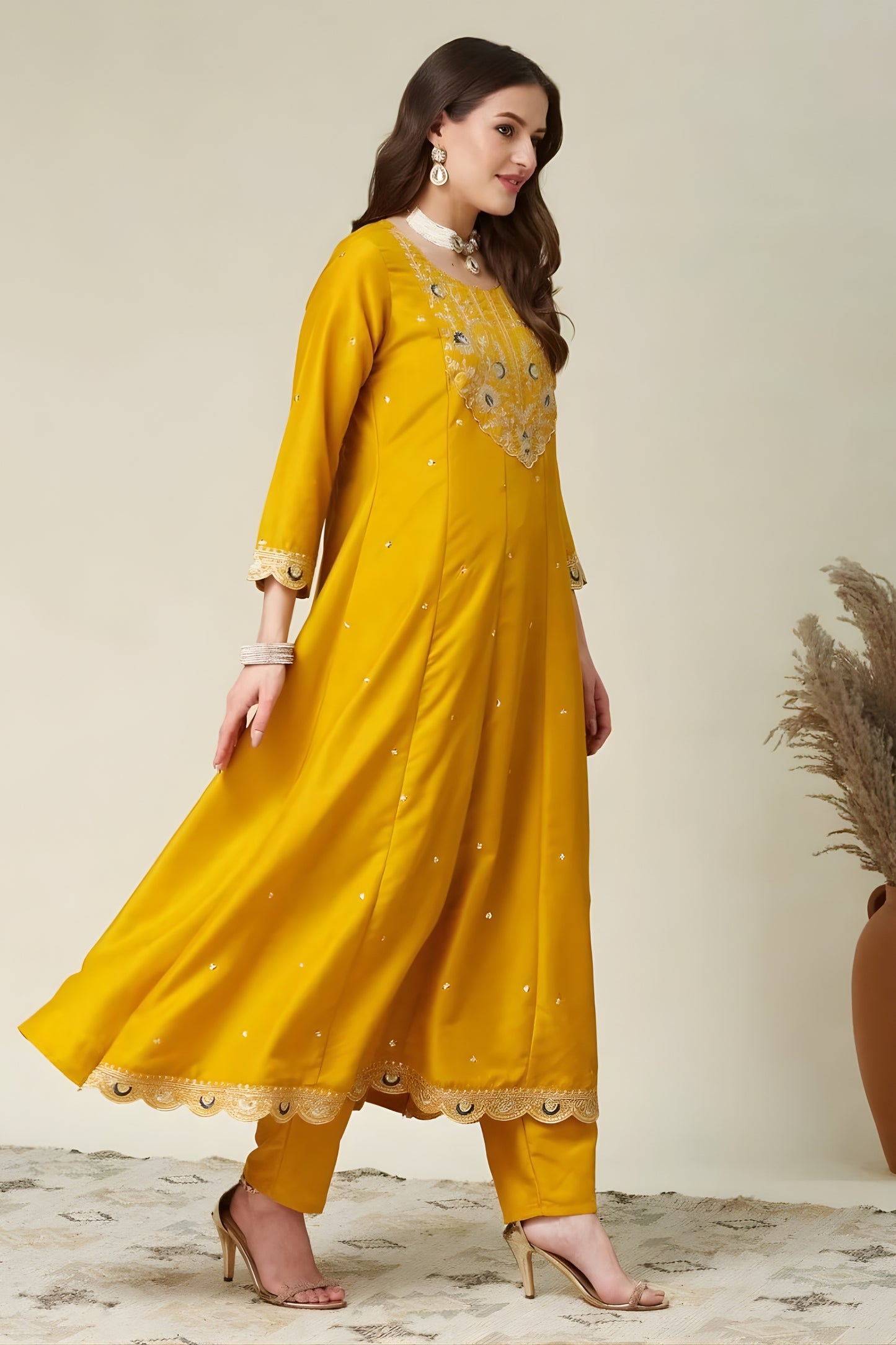 Elegant Mustard Yellow Embroidered Vichitra Silk Readymade Salwar Suit with Dupatta