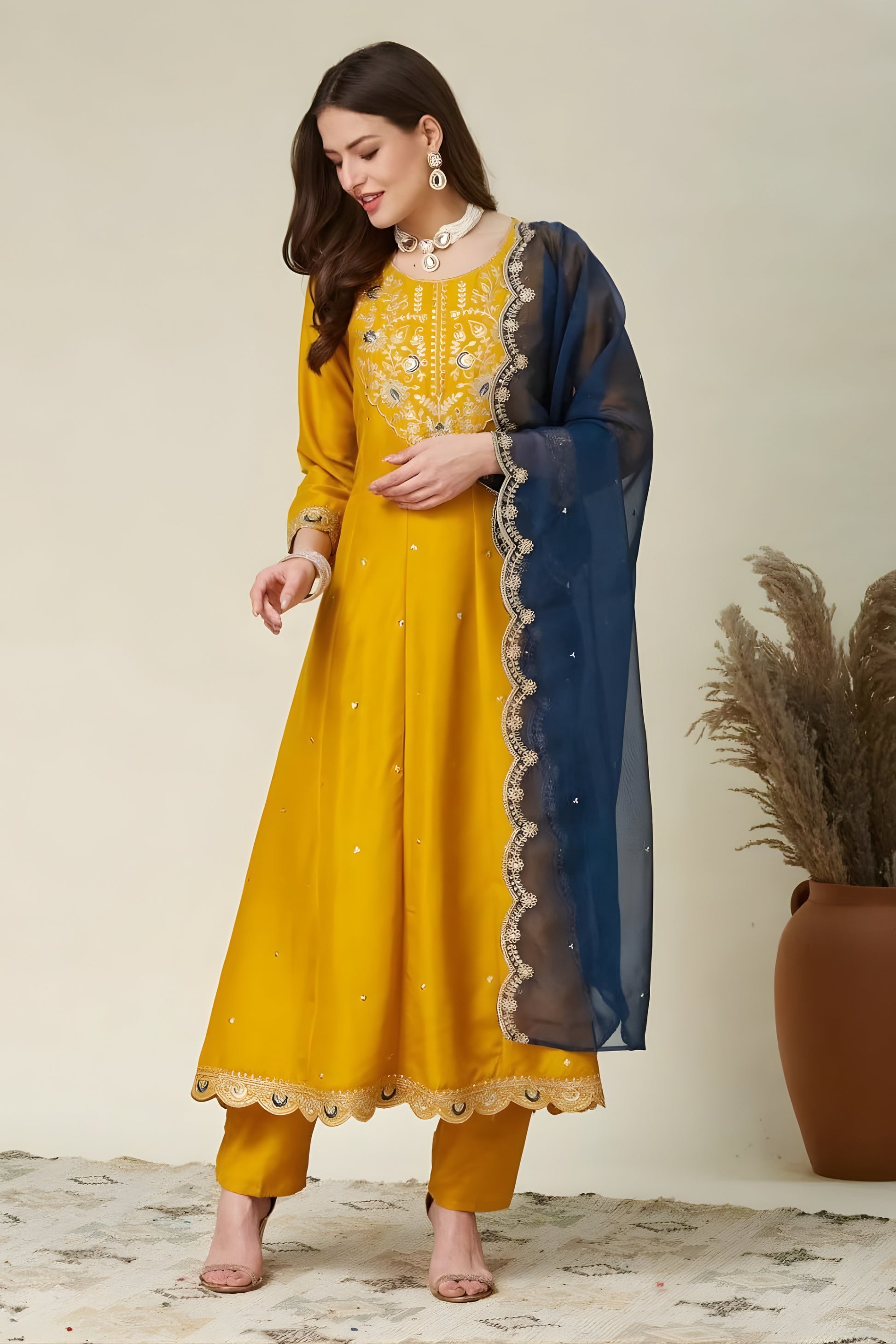 Elegant Mustard Yellow Embroidered Vichitra Silk Readymade Salwar Suit with Dupatta