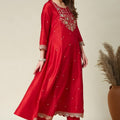 Vibrant Red Embroidered Vichitra Silk Readymade Salwar Suit with Dupatta