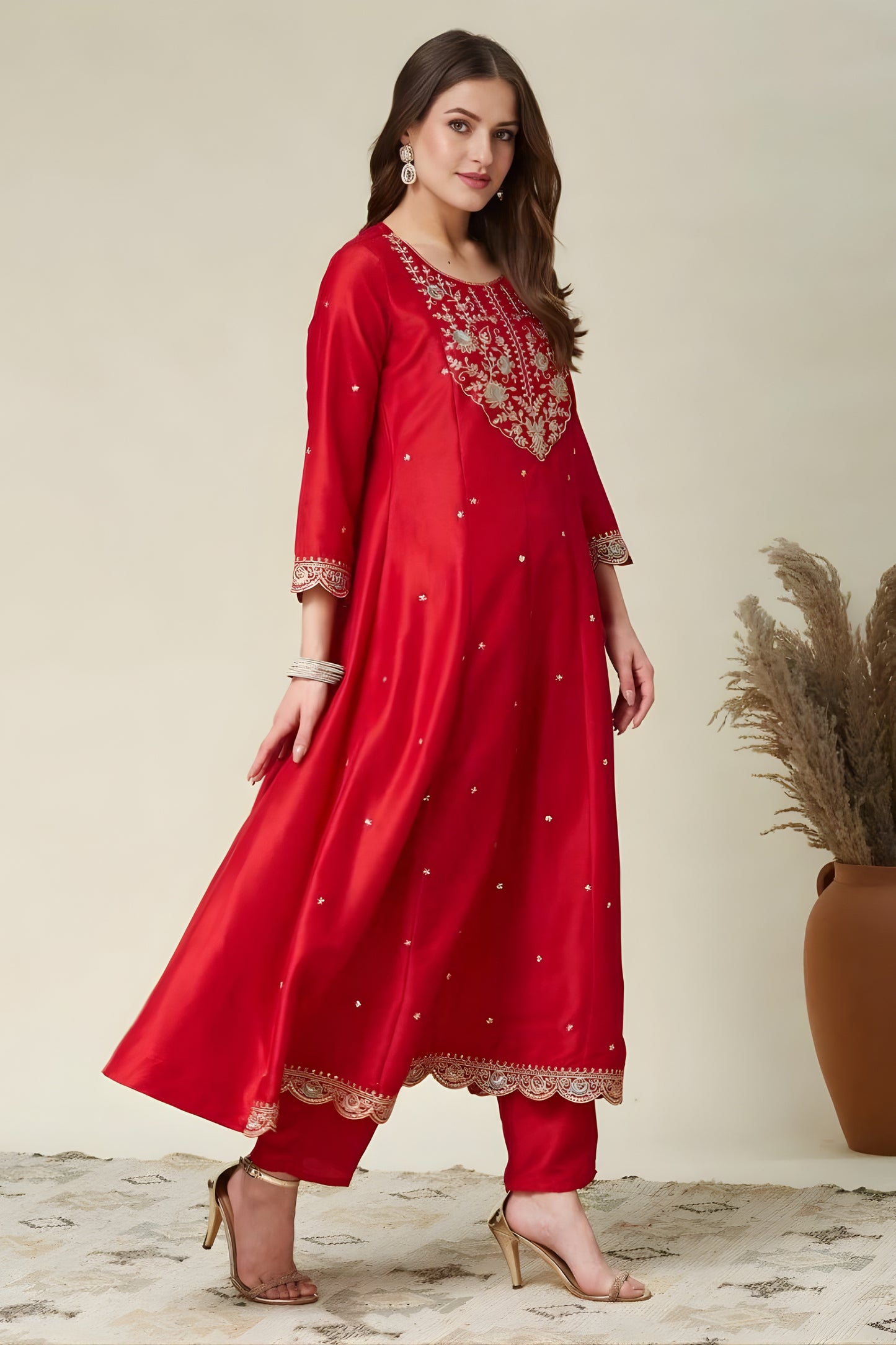 Vibrant Red Embroidered Vichitra Silk Readymade Salwar Suit with Dupatta