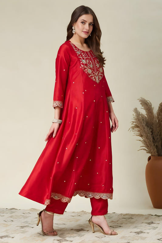 Vibrant Red Embroidered Vichitra Silk Readymade Salwar Suit with Dupatta