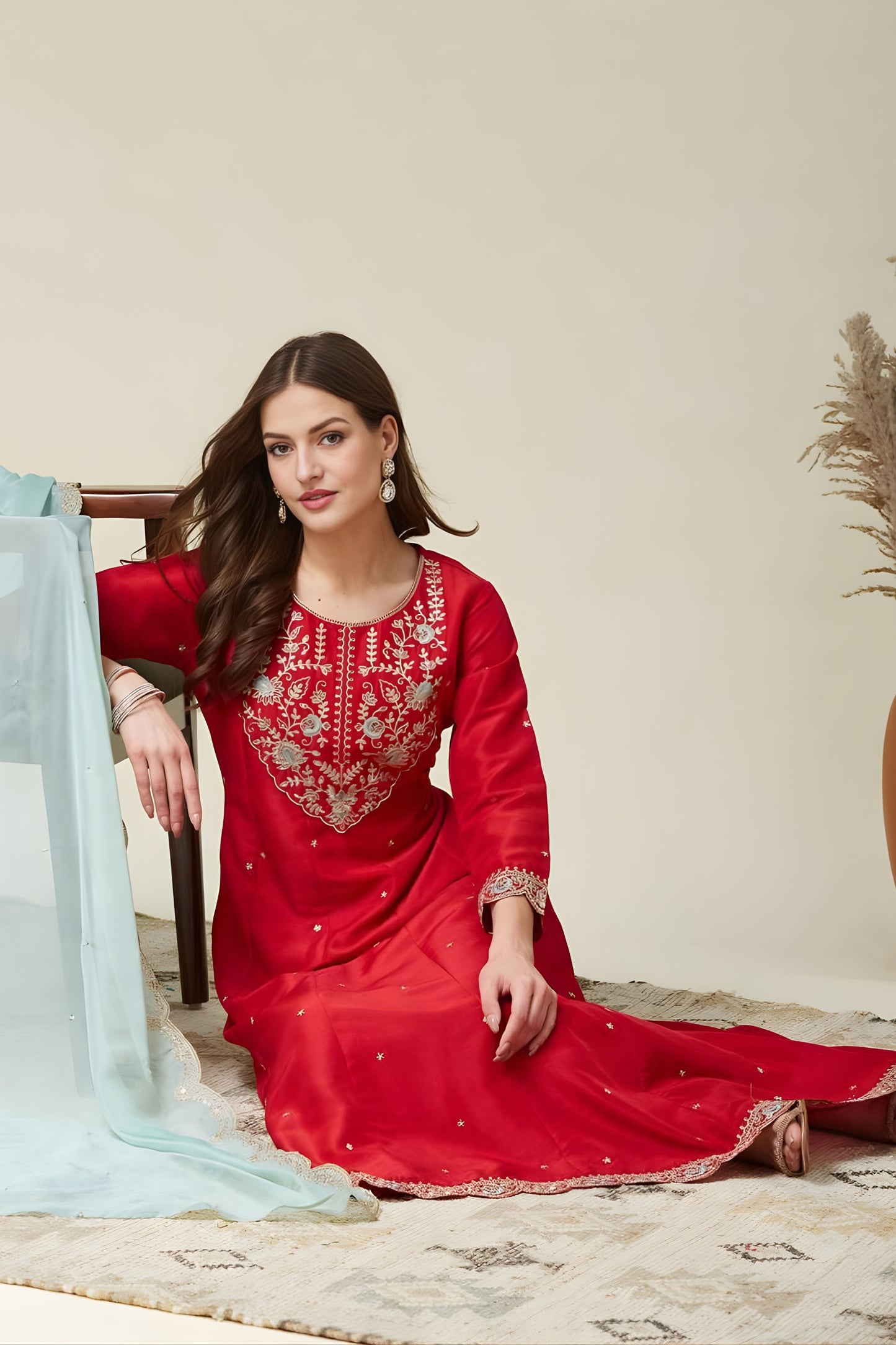 Vibrant Red Embroidered Vichitra Silk Readymade Salwar Suit with Dupatta