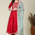 Vibrant Red Embroidered Vichitra Silk Readymade Salwar Suit with Dupatta