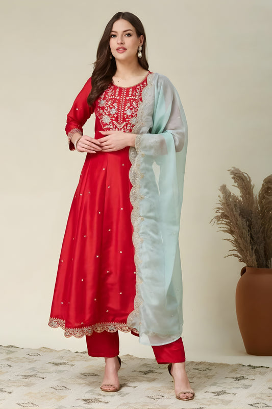 Vibrant Red Embroidered Vichitra Silk Readymade Salwar Suit with Dupatta