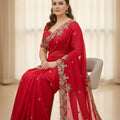 Designer Red Embroidered Fendy Chiffon Saree with Matching Blouse for Wedding
