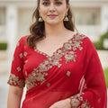 Designer Red Embroidered Fendy Chiffon Saree with Matching Blouse for Wedding
