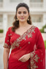 Designer Red Embroidered Fendy Chiffon Saree with Matching Blouse for Wedding