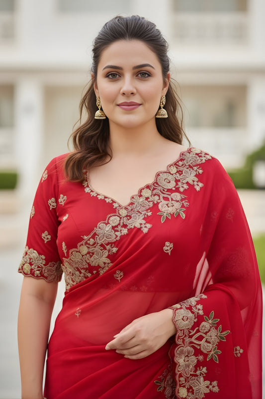 Designer Red Embroidered Fendy Chiffon Saree with Matching Blouse for Wedding