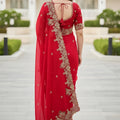 Designer Red Embroidered Fendy Chiffon Saree with Matching Blouse for Wedding