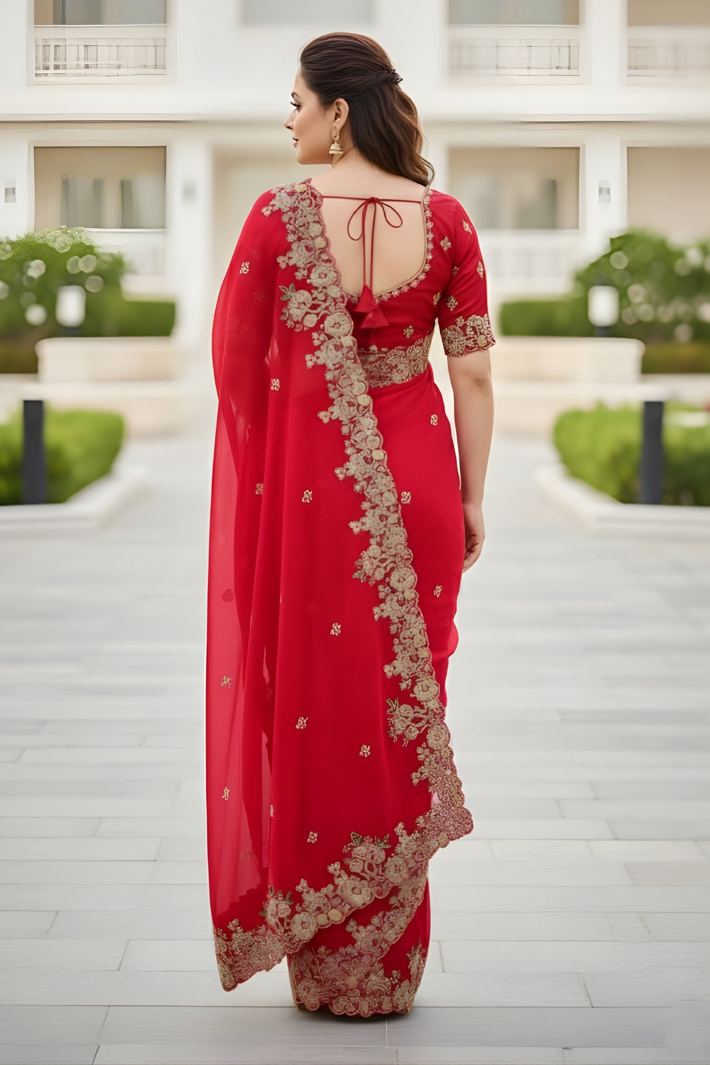 Designer Red Embroidered Fendy Chiffon Saree with Matching Blouse for Wedding