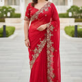 Designer Red Embroidered Fendy Chiffon Saree with Matching Blouse for Wedding