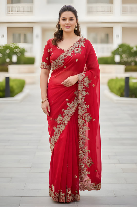 Designer Red Embroidered Fendy Chiffon Saree with Matching Blouse for Wedding