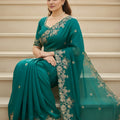 Trendy Teal Green Embroidered Fendy Chiffon Saree with Matching Blouse for Wedding
