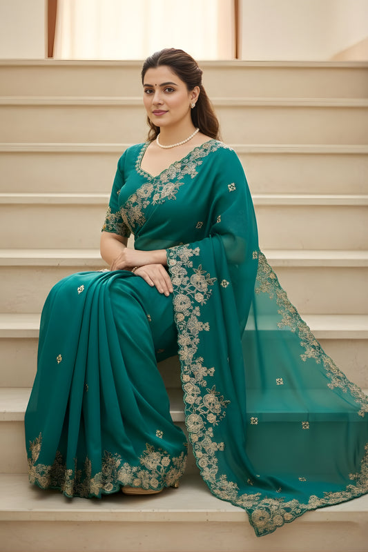 Trendy Teal Green Embroidered Fendy Chiffon Saree with Matching Blouse for Wedding