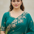 Trendy Teal Green Embroidered Fendy Chiffon Saree with Matching Blouse for Wedding