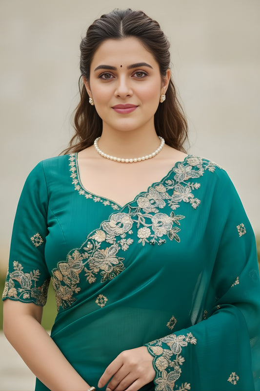 Trendy Teal Green Embroidered Fendy Chiffon Saree with Matching Blouse for Wedding