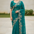 Trendy Teal Green Embroidered Fendy Chiffon Saree with Matching Blouse for Wedding