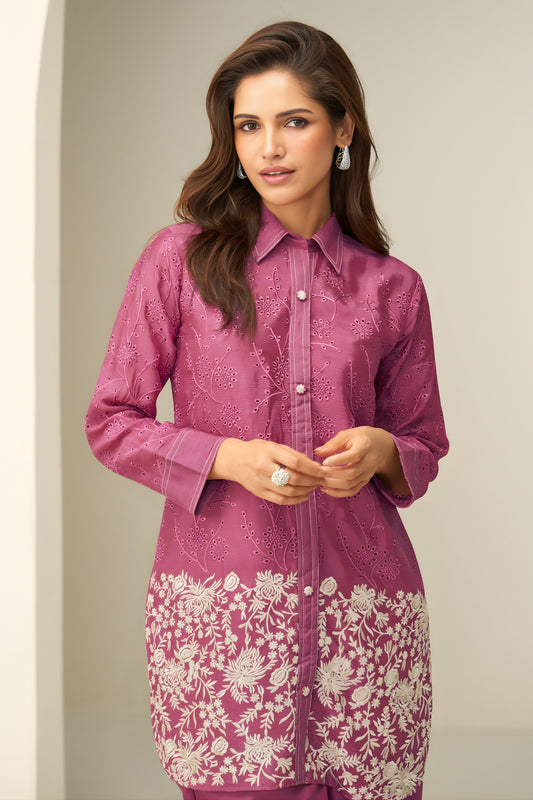 Stylish Pink Chinon Co-Ord Set with Embroidery for Party