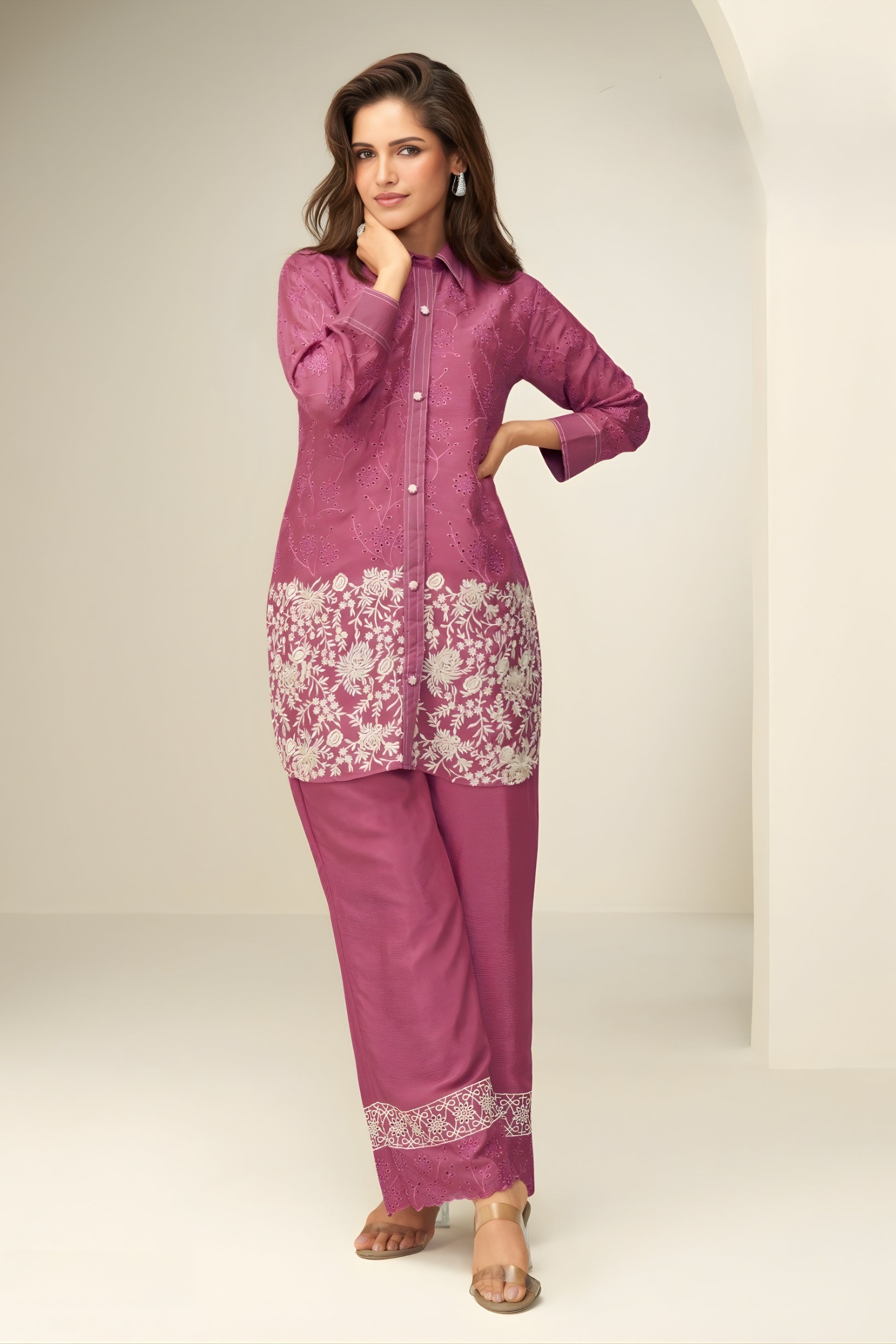 Stylish Pink Chinon Co-Ord Set with Embroidery for Party