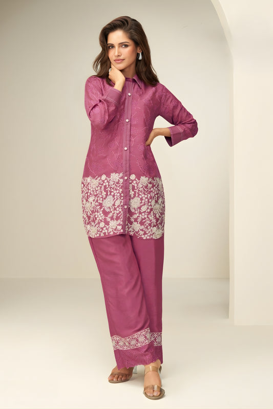 Stylish Pink Chinon Co-Ord Set with Embroidery for Party