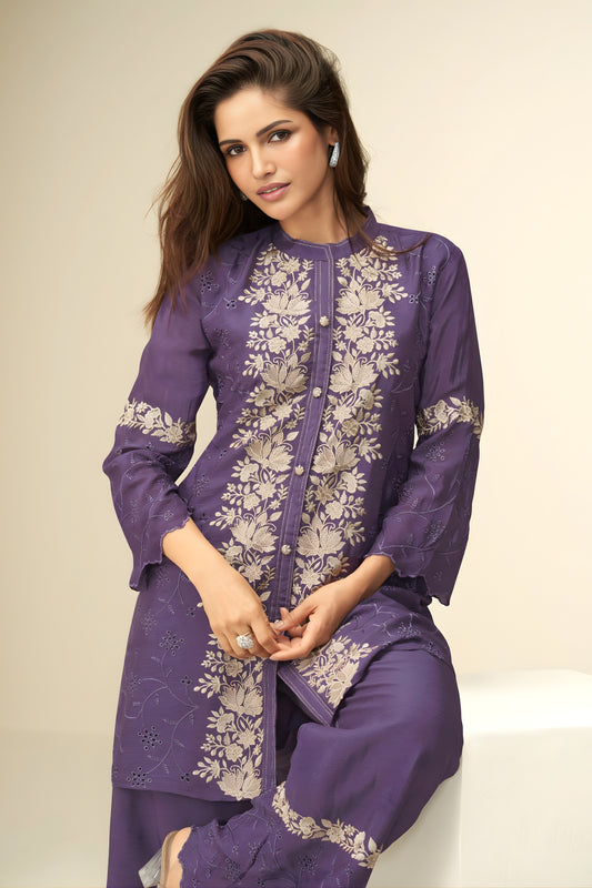 Pretty Purple Chinon Co-Ord Set with Embroidery for Party