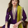 Awesome Purple Embroidered Vichitra Silk Salwar Suit with Green Dupatta for Wedding