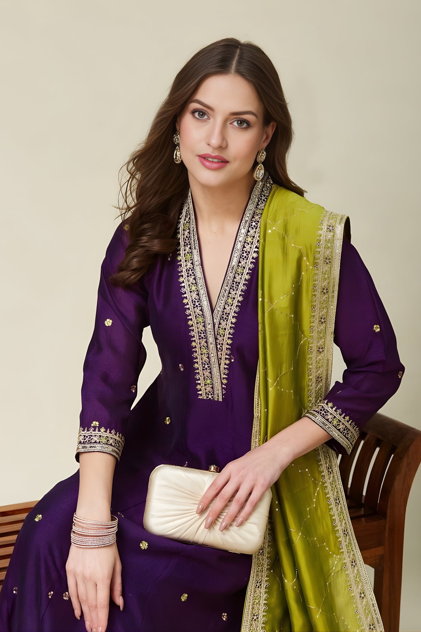 Awesome Purple Embroidered Vichitra Silk Salwar Suit with Green Dupatta for Wedding