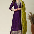 Awesome Purple Embroidered Vichitra Silk Salwar Suit with Green Dupatta for Wedding