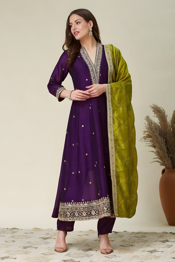 Awesome Purple Embroidered Vichitra Silk Salwar Suit with Green Dupatta for Wedding