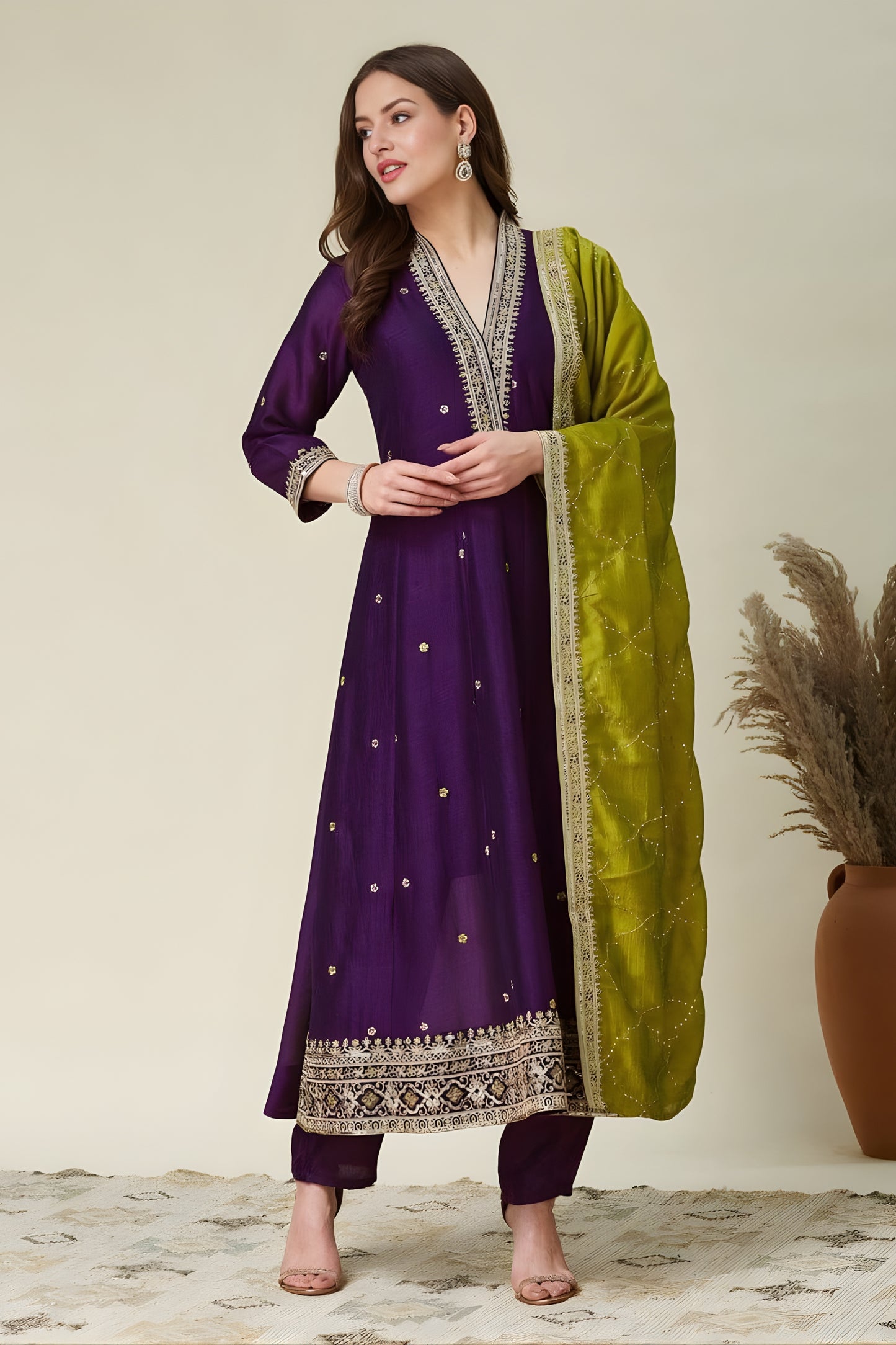 Awesome Purple Embroidered Vichitra Silk Salwar Suit with Green Dupatta for Wedding