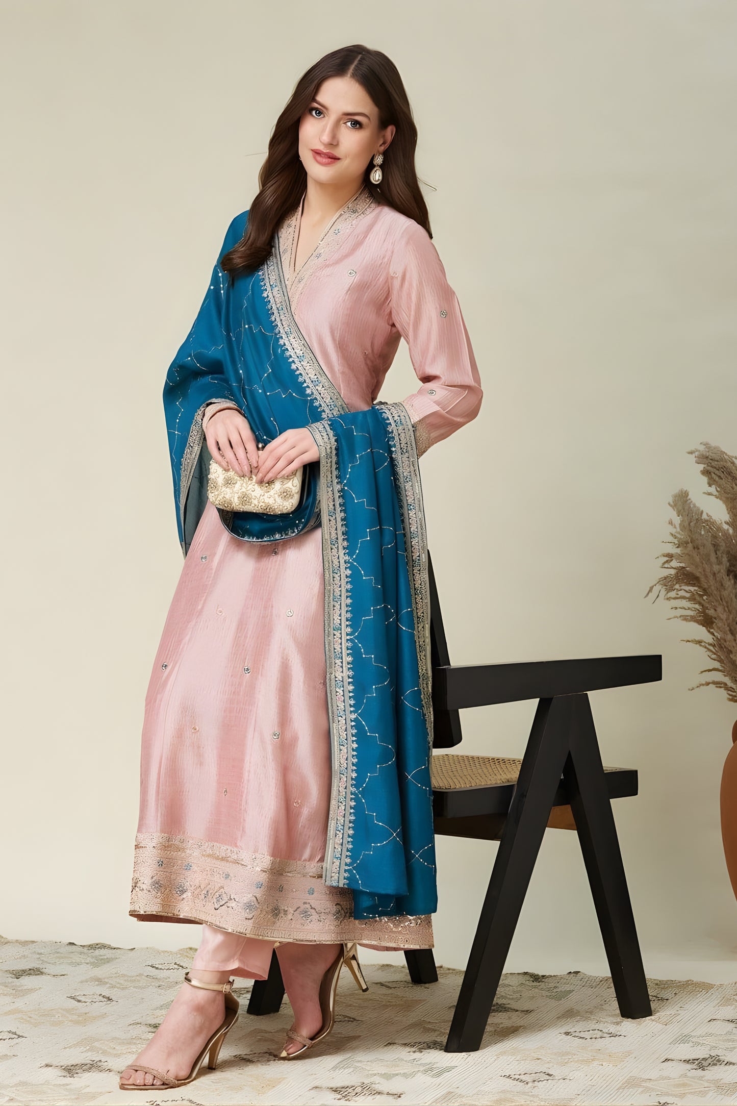Stunning Pink Embroidered Vichitra Silk Salwar Suit with Teal Blue Dupatta for Wedding
