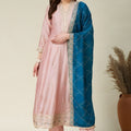 Stunning Pink Embroidered Vichitra Silk Salwar Suit with Teal Blue Dupatta for Wedding
