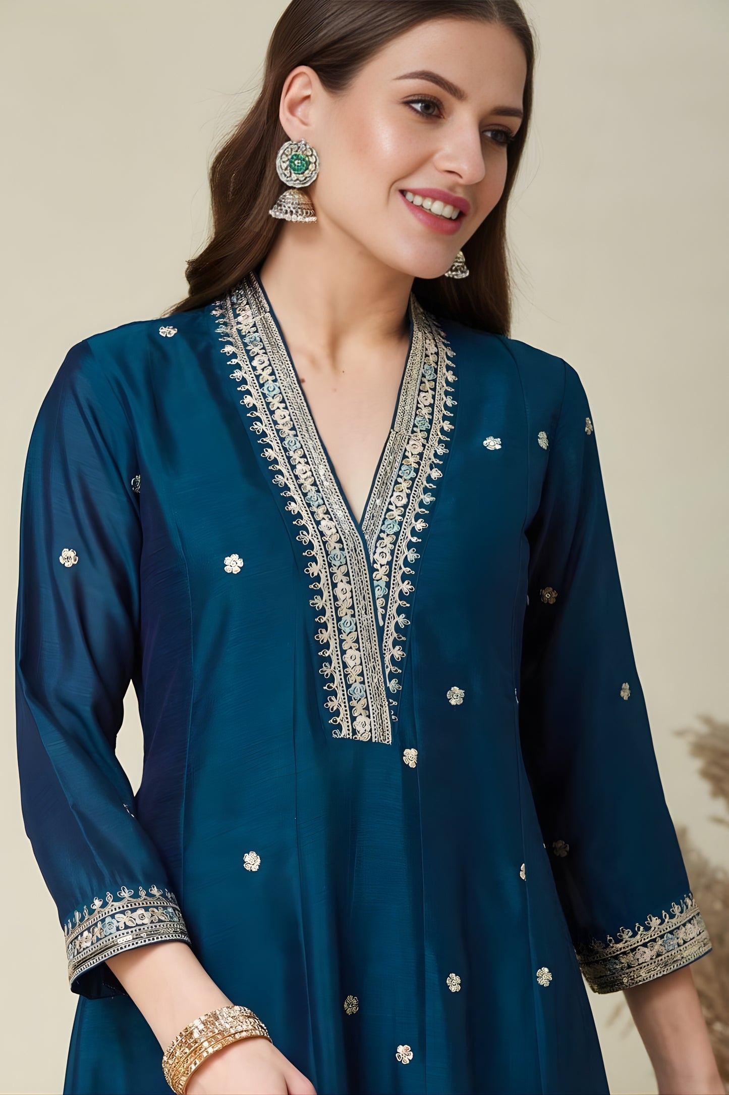 Gorgeous Teal Blue Embroidered Vichitra Silk Salwar Suit with Dupatta for Wedding
