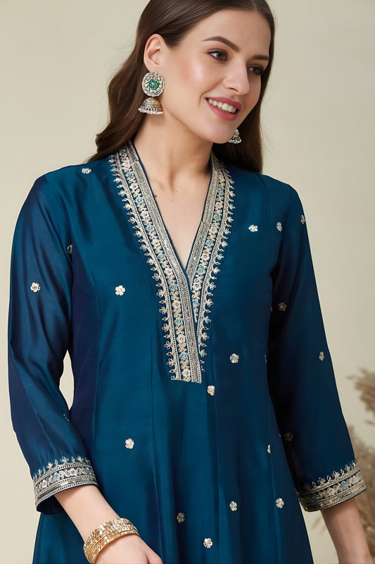 Gorgeous Teal Blue Embroidered Vichitra Silk Salwar Suit with Dupatta for Wedding