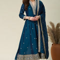 Gorgeous Teal Blue Embroidered Vichitra Silk Salwar Suit with Dupatta for Wedding