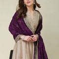 Royal Beige Embroidered Vichitra Silk Salwar Suit with Purple Dupatta for Wedding