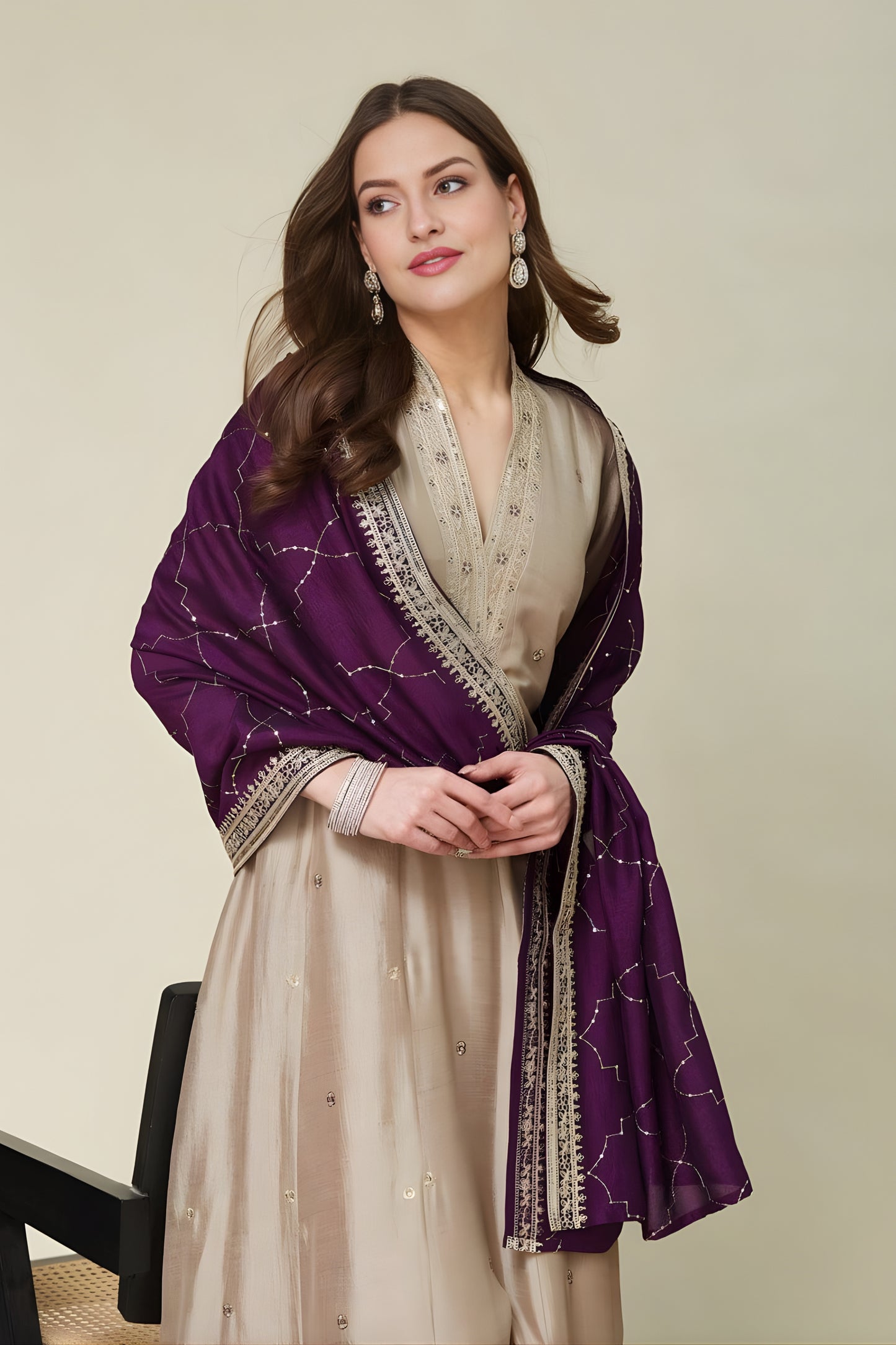 Royal Beige Embroidered Vichitra Silk Salwar Suit with Purple Dupatta for Wedding