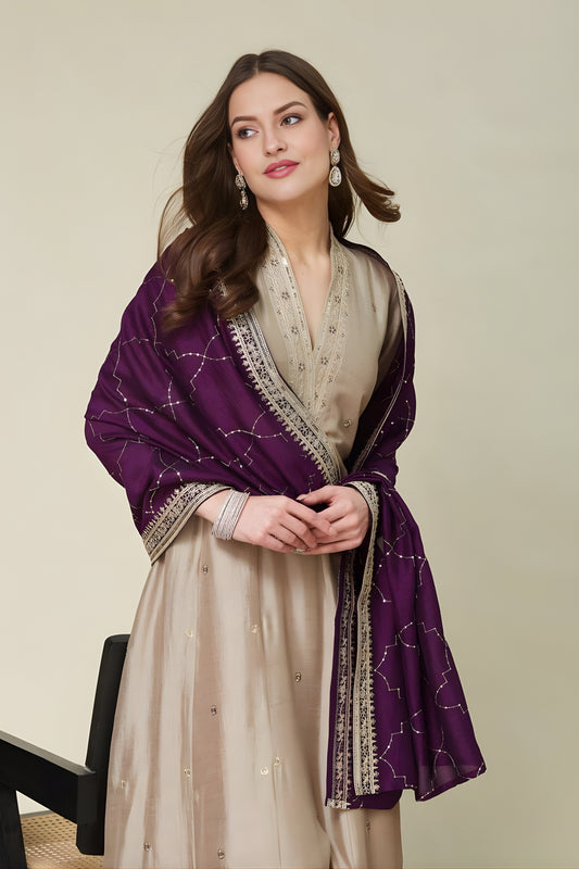 Royal Beige Embroidered Vichitra Silk Salwar Suit with Purple Dupatta for Wedding