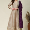 Royal Beige Embroidered Vichitra Silk Salwar Suit with Purple Dupatta for Wedding