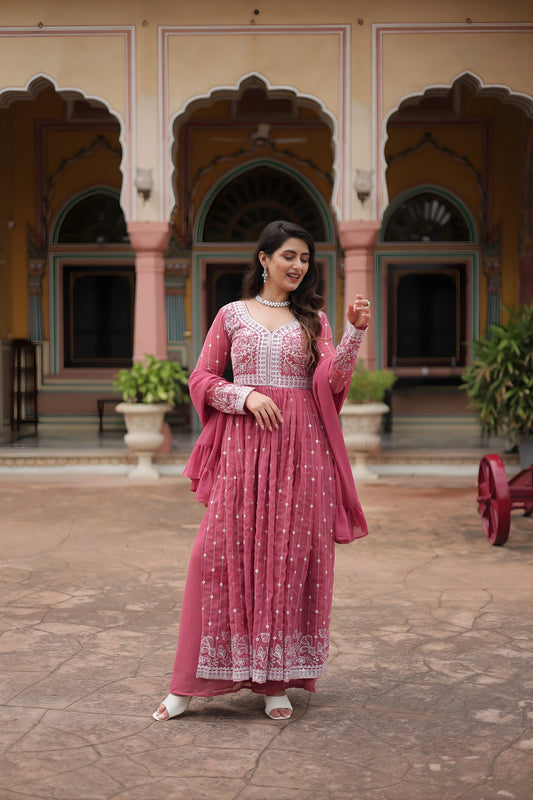 Beautiful Pink Embroidered Faux Georgette Anarkali Salwar Suit with Dupatta for Wedding