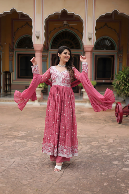 Beautiful Pink Embroidered Faux Georgette Anarkali Salwar Suit with Dupatta for Wedding