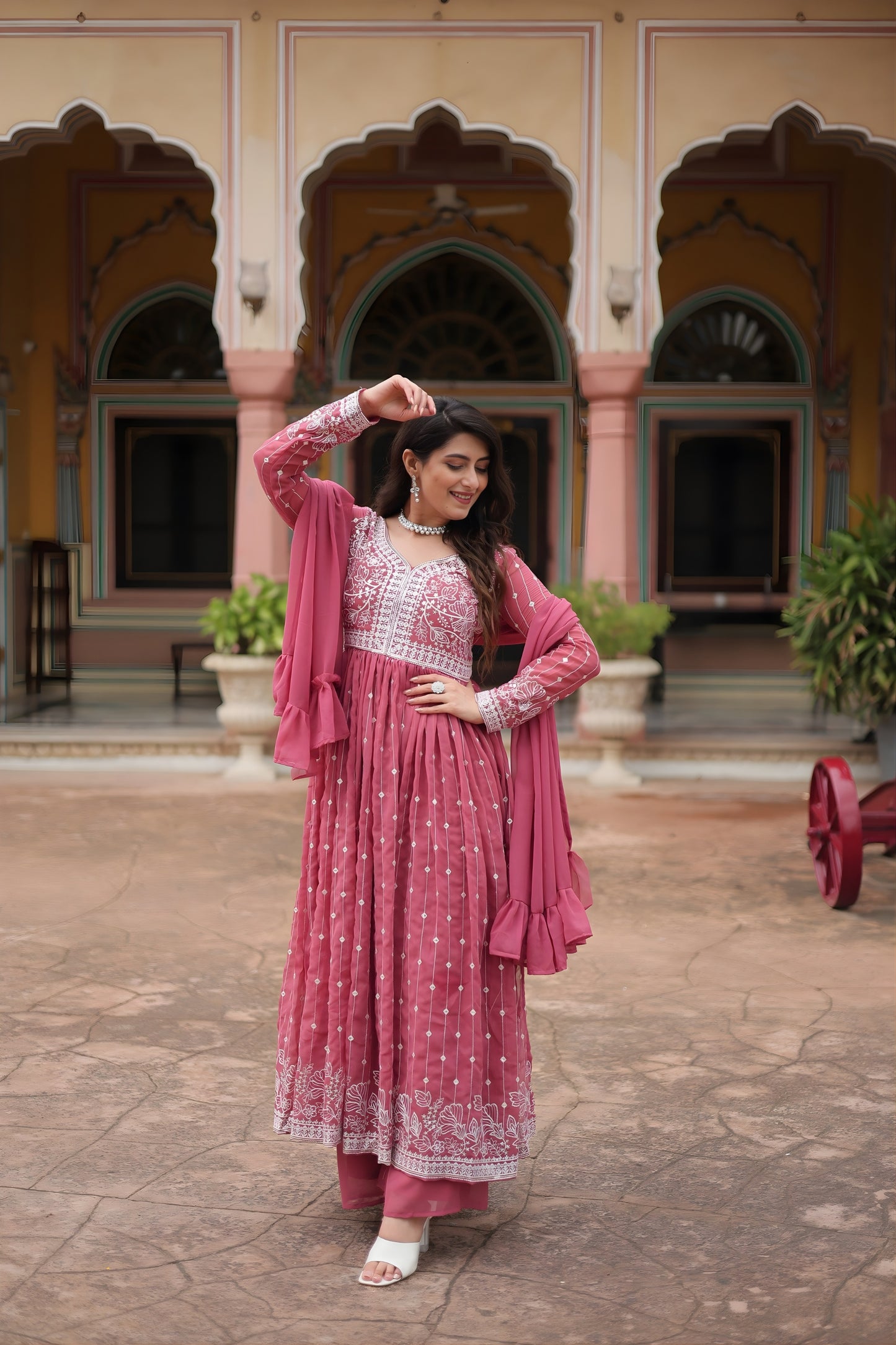 Beautiful Pink Embroidered Faux Georgette Anarkali Salwar Suit with Dupatta for Wedding