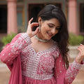 Beautiful Pink Embroidered Faux Georgette Anarkali Salwar Suit with Dupatta for Wedding