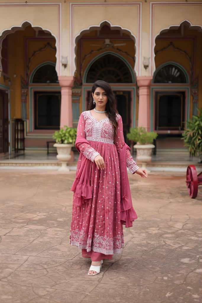 Beautiful Pink Embroidered Faux Georgette Anarkali Salwar Suit with Dupatta for Wedding