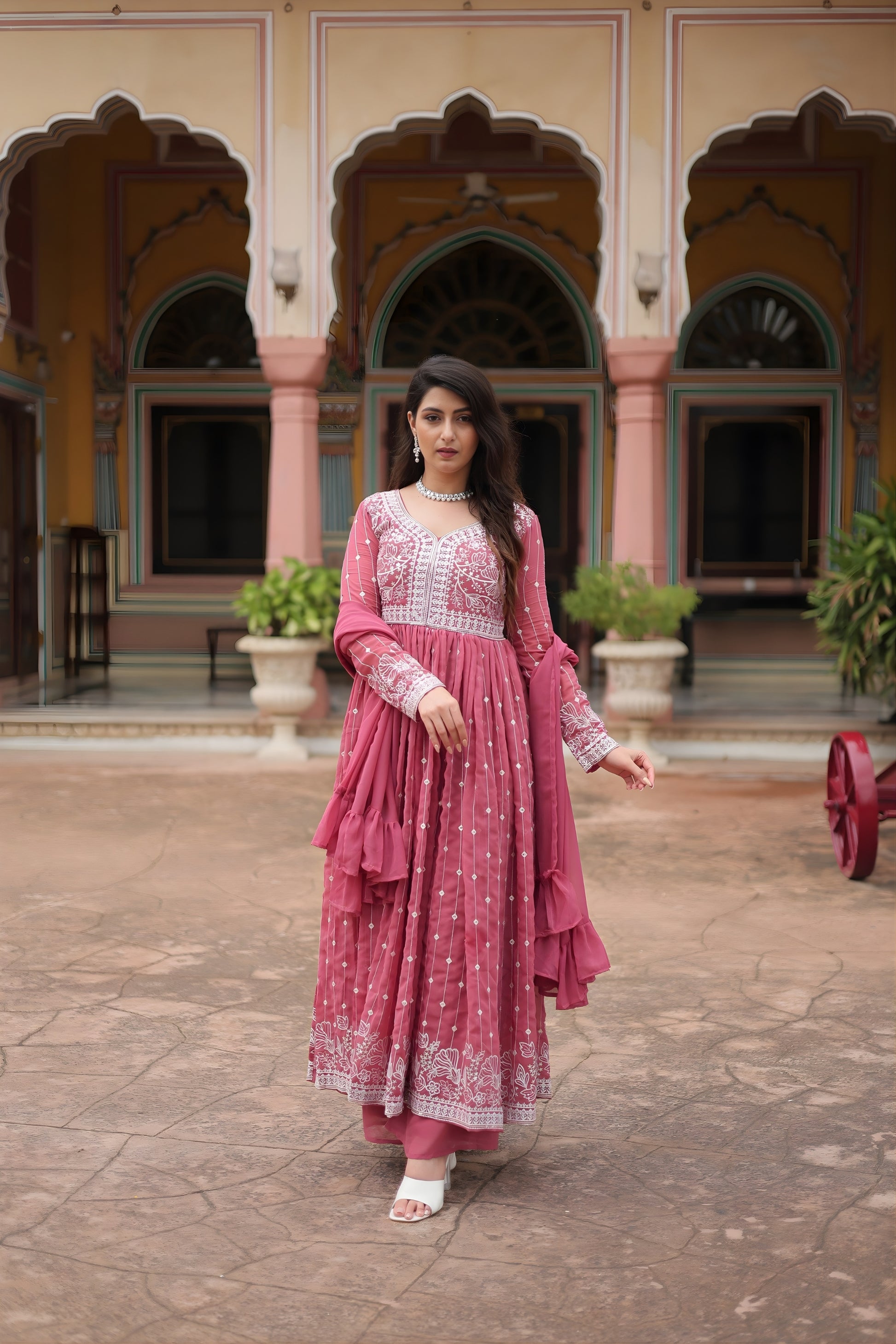 Beautiful Pink Embroidered Faux Georgette Anarkali Salwar Suit with Dupatta for Wedding