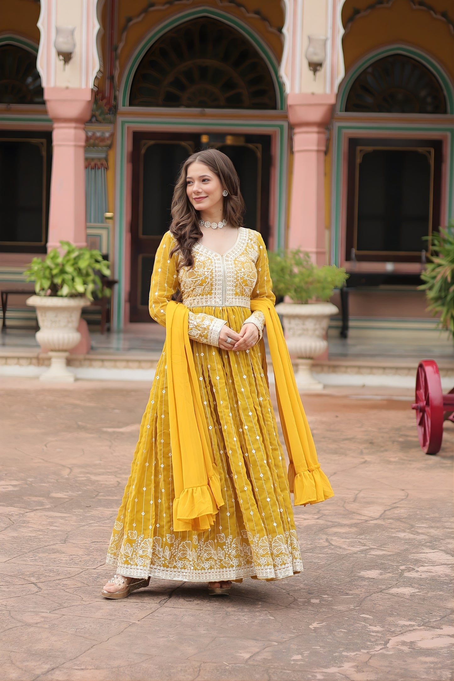 Stunning Yellow Embroidered Faux Georgette Anarkali Salwar Suit with Dupatta for Wedding