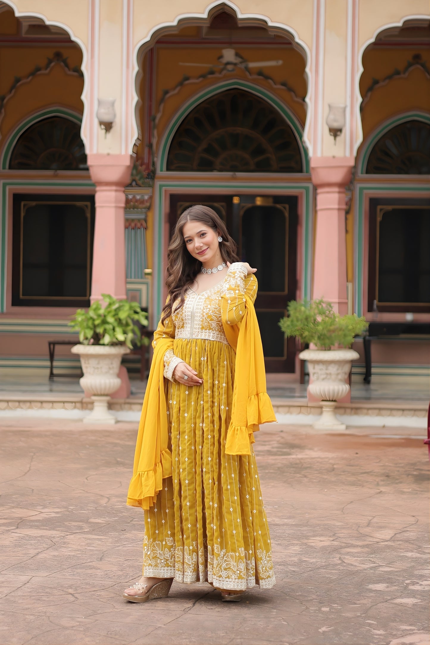 Stunning Yellow Embroidered Faux Georgette Anarkali Salwar Suit with Dupatta for Wedding