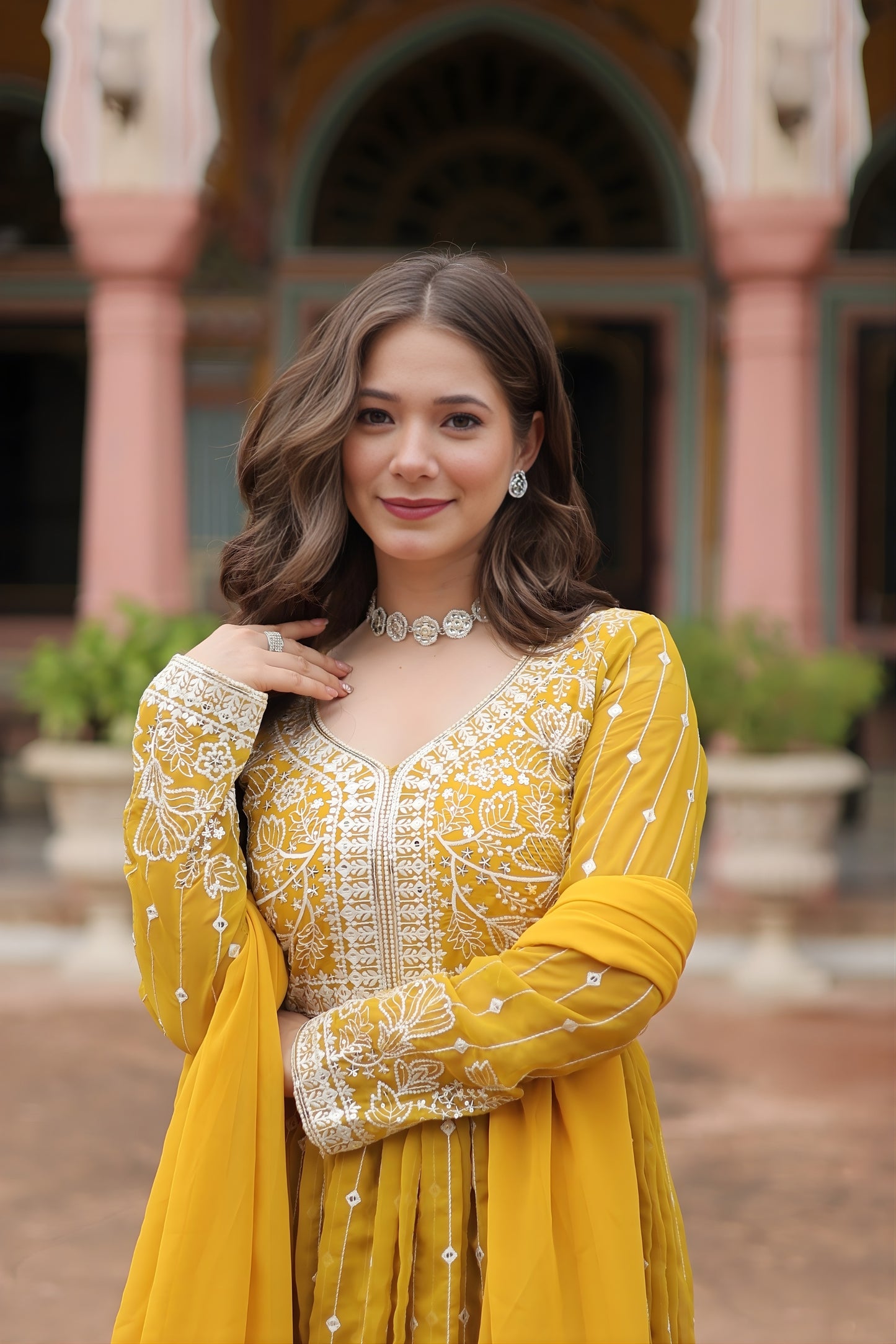 Stunning Yellow Embroidered Faux Georgette Anarkali Salwar Suit with Dupatta for Wedding